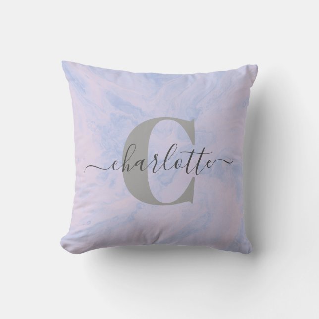 Lilac Lavender Marble Elegant Monogram Name  Cushion (Front)