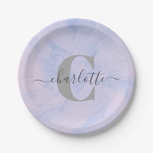 Lilac Lavender Marble Elegant Monogram Name Paper Plate (Front)