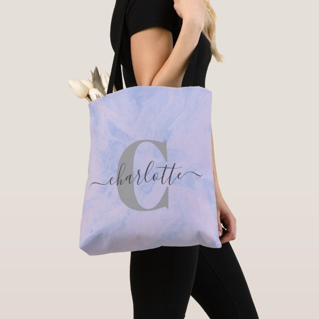 Lilac Lavender Marble Elegant Monogram Name Tote Bag (Close Up)