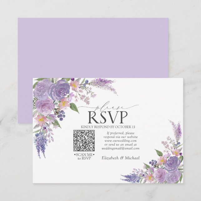 Lilac Lavender Mauve Floral QR Code Wedding RSVP Card (Front/Back)