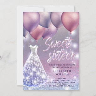 Lilac lavender sparkling glittery dress balloon invitation