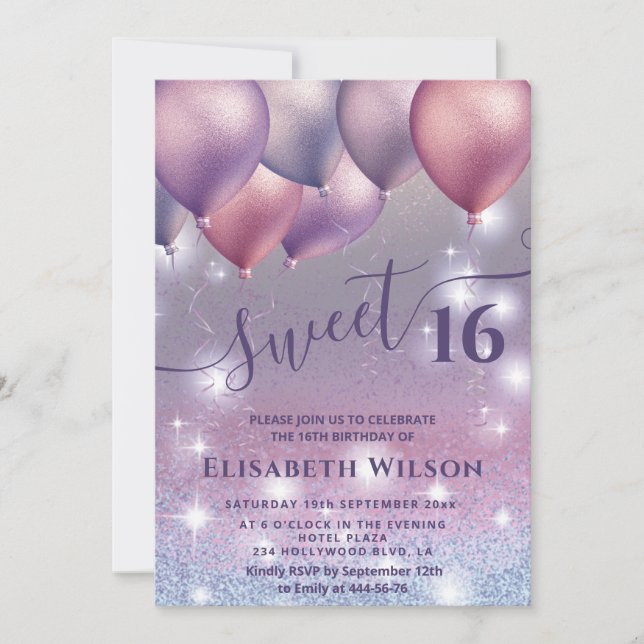 Lilac lavender sparkling glittery ombre balloon invitation (Front)