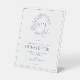 Lilac Leafy Crest Monogram Wedding Guestbook Pedestal Sign