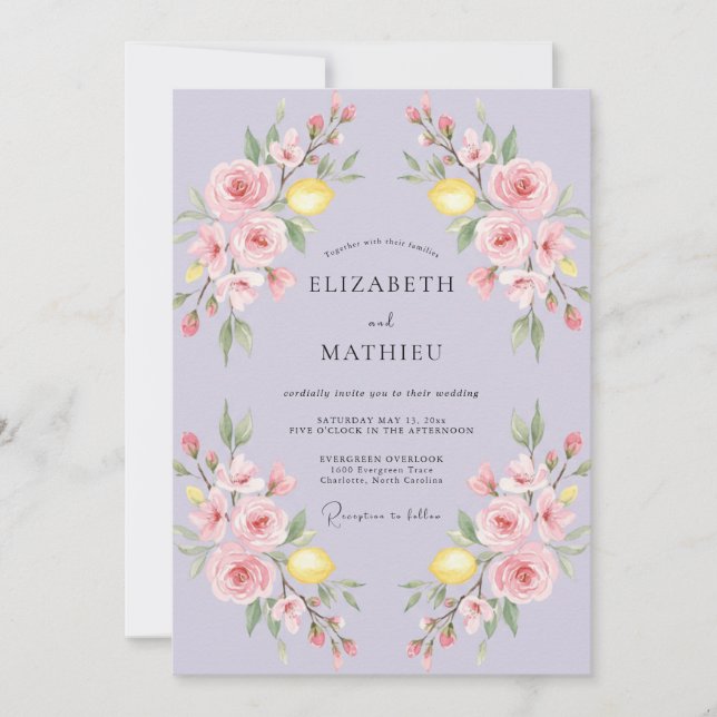 Lilac Lemon Citrus Eucalyptus Wedding Invitation (Front)
