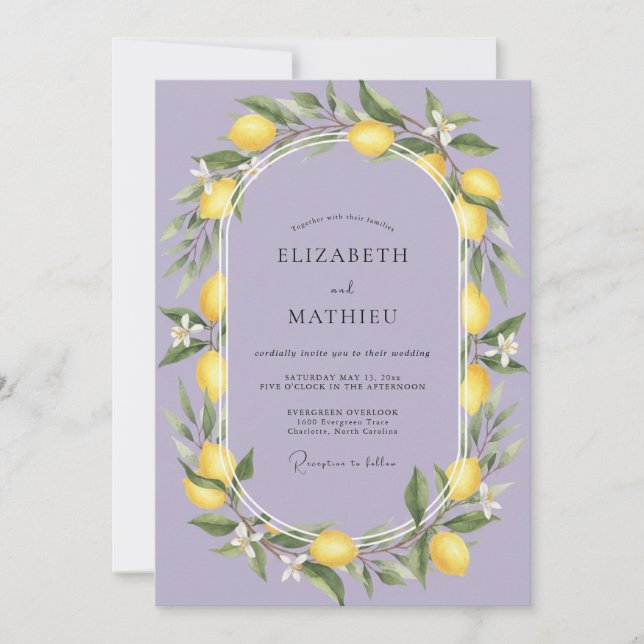 Lilac Lemon Fruit Eucalyptus Wedding Invitation (Front)