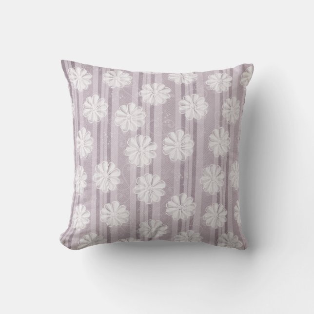 Lilac Linen Stripe Flowers Cushion (Front)