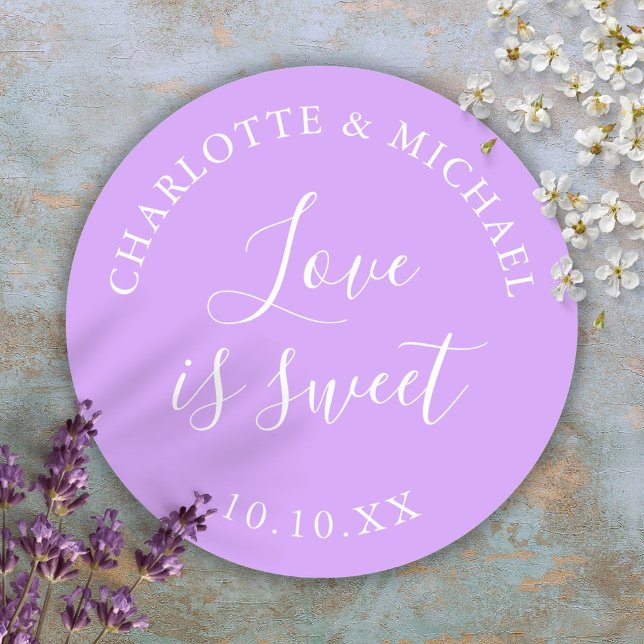 Lilac Love Is Sweet Wedding Favor  Classic Round Sticker (Lilac Love Is Sweet Wedding Favor Classic Round Sticker)