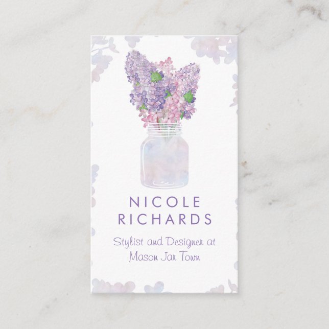 Lilac Mason Jar Bouquet Floral Watercolor Elegant Business Card (Front)