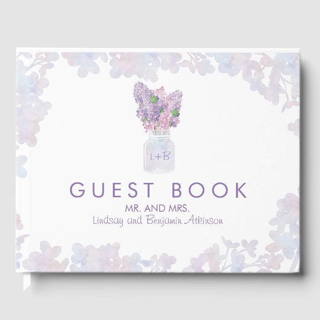 Lilac Mason Jar Bouquet Floral Watercolors Guest Book (Front)
