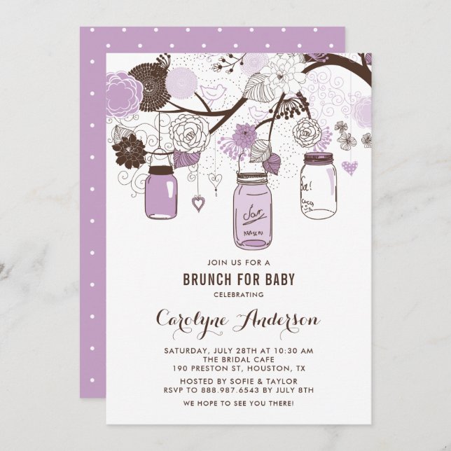 Lilac Mason Jars and Flowers Baby Shower Brunch Invitation (Front/Back)