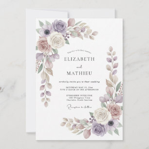 Lilac Mauve Taupe Ranunculus Eucalyptus Wedding Invitation