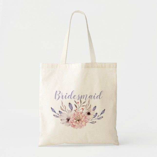 Lilac Mauve Watercolor Floral Wedding Bridesmaid Tote Bag (Front)