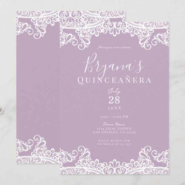 Lilac Mauve & White Lace Elegant Quinceañera  Invitation (Front/Back)