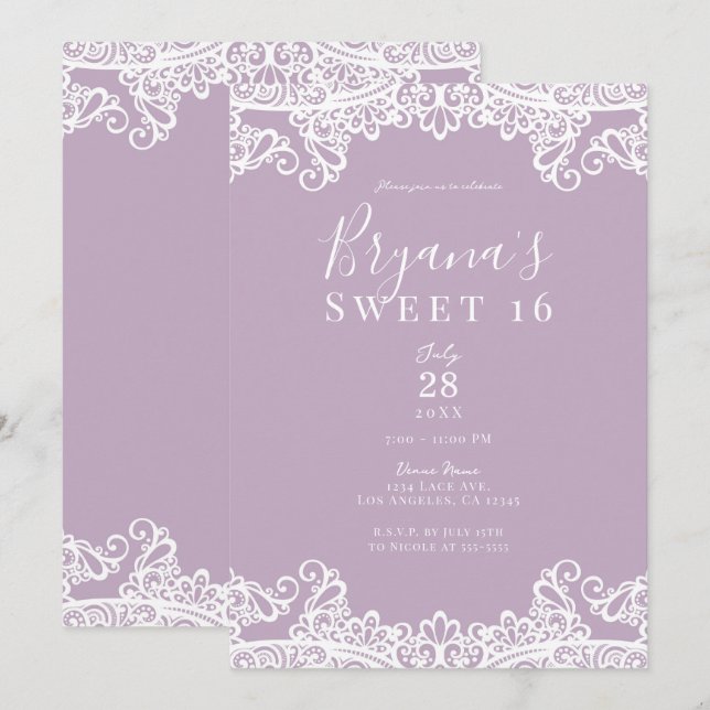 Lilac Mauve & White Lace Elegant Sweet 16 Party    Invitation (Front/Back)