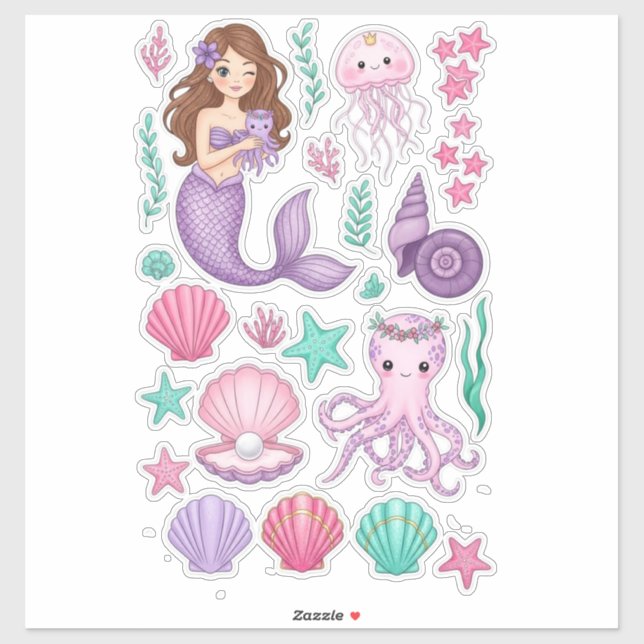 Lilac Mermaid & Cute Octopus Vinyl Sticker (Sheet)