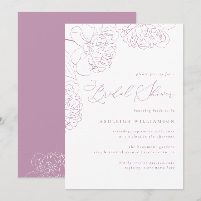 Lilac Minimalist Hand-drawn Peonies Bridal Shower Invitation (Front/Back)