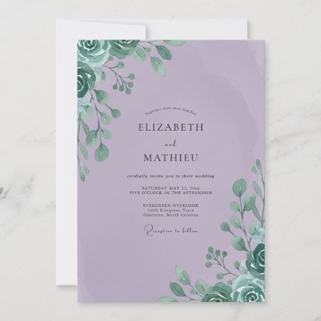 Lilac Mint Leafy Wedding Invitation (Front)