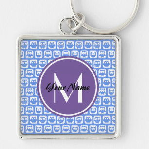 Lilac Monogram Blue and White Owl Pattern Key Ring