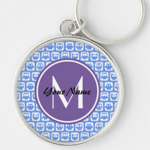 Lilac Monogram Blue and White Owl Pattern Key Ring
