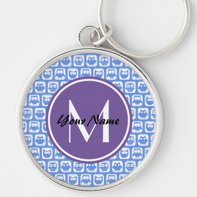 Lilac Monogram Blue and White Owl Pattern Key Ring (Front)
