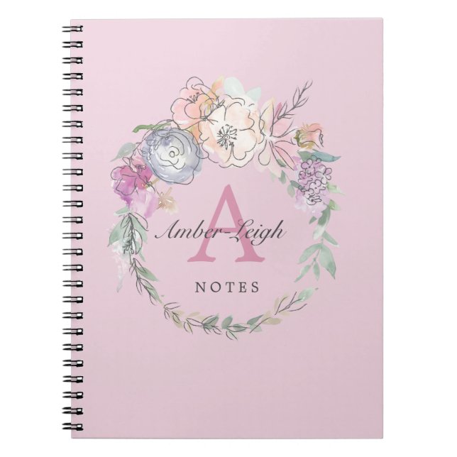 Lilac Monogram Pastel Floral Line Art Wreath Notebook (Front)