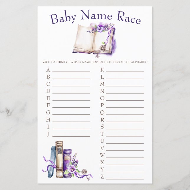 Lilac New Chapter Baby Name Race Baby Shower Game (Front)