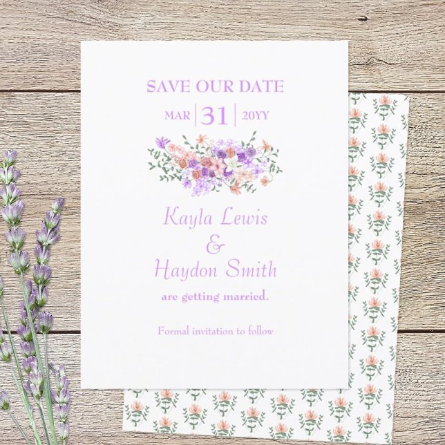 Lilac & Peach Bouquet Wedding Save the Date Invitation (lilac and peach bouquet Save Our Date wedding announcement)
