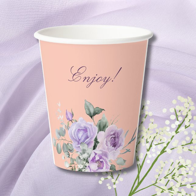 Lilac Peach Floral Peony Bridal Shower Paper Cups (Creator Uploaded)