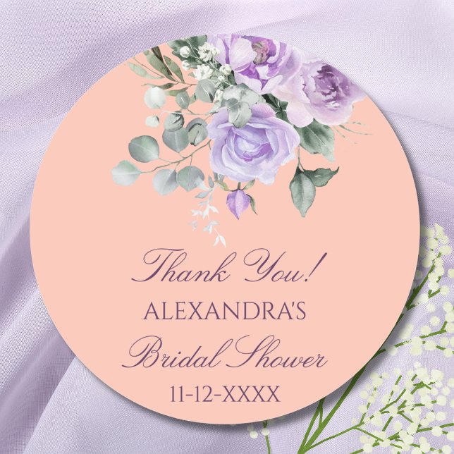 Lilac Peach Floral Peony Bridal Shower Thank You Classic Round Sticker (Creator Uploaded)