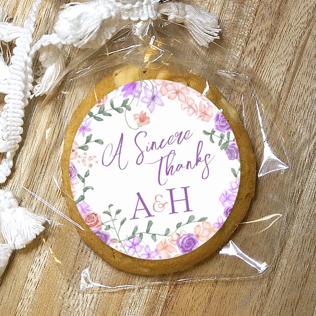 Lilac & Peach Floral Wreath Wedding Monogram Classic Round Sticker (lilac, purple, lavender, peach, mauve spring wedding color mix party favor stickers, thank you treat)