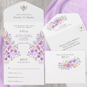 Lilac & Peach Rose Bouquet Wedding All In One Invitation