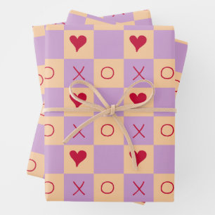 Lilac Peach XO heart Chequered Wrapping Paper Sheet