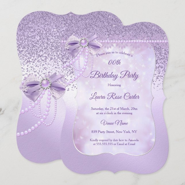 Lilac pearl lace glitter purple Birthday Party Invitation (Front/Back)