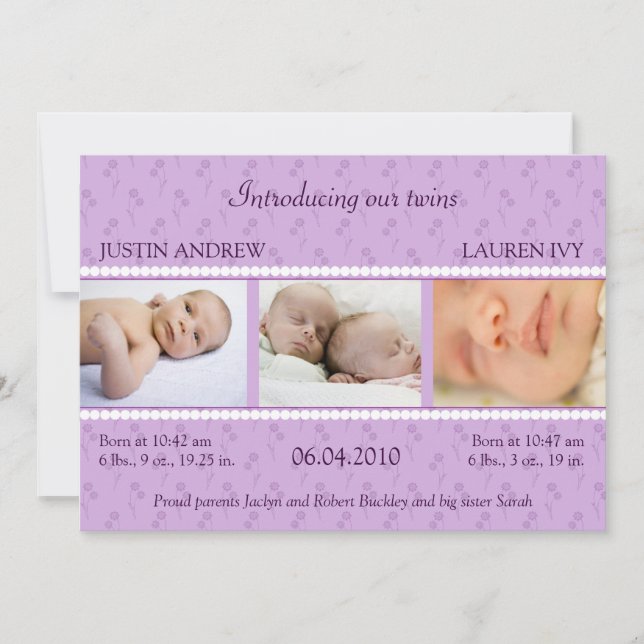 Lilac Pearl Twins Announcement (Front)