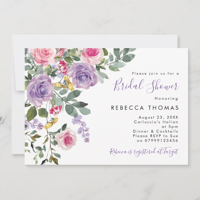 lilac pink blush florals bridal shower invitation (Front)