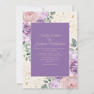Lilac Pink Cream Floral Gold Glitter Wedding Invitation