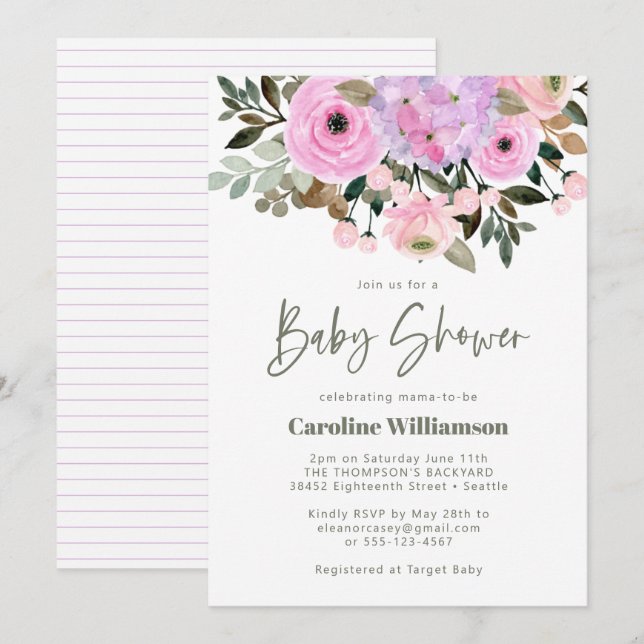 Lilac Pink Floral Bouquet Cute Baby Shower Invitation (Front/Back)
