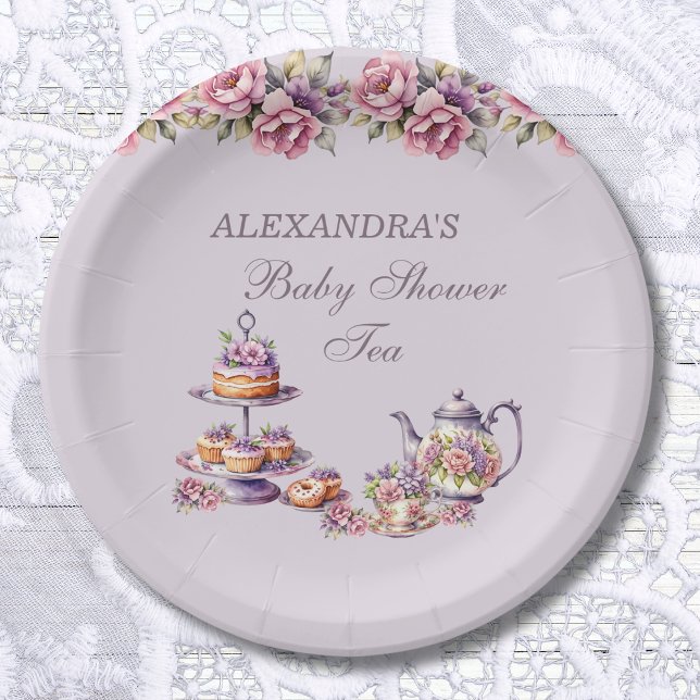 Lilac Pink Floral Tea Party Baby Shower Paper Plate (Creator Uploaded)
