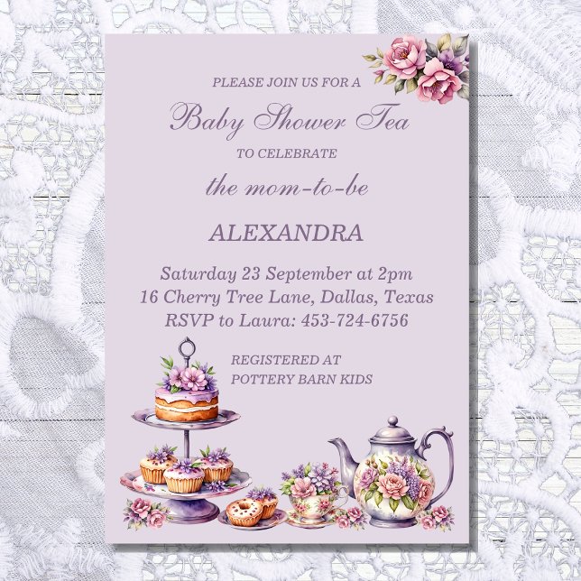 Lilac Pink Floral Whimsical Tea Baby Girl Shower  Invitation (Creator Uploaded)