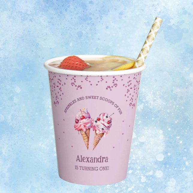 Lilac Pink Girl Ice Cream 1st Birthday Party Paper Cups (Creator Uploaded)