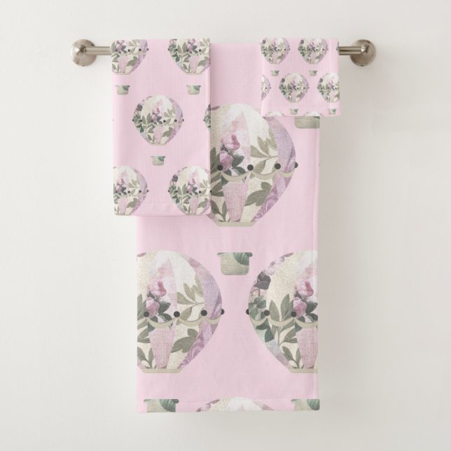 LILAC PINK HOT AIR BALLOON BATHROOM TOWEL SET (Insitu)