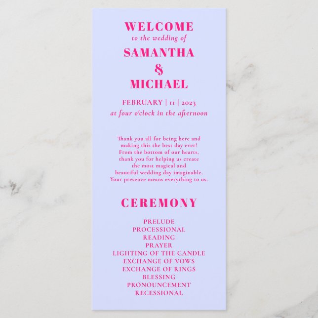Lilac PİNK minimal modern program wedding Menu (Front)