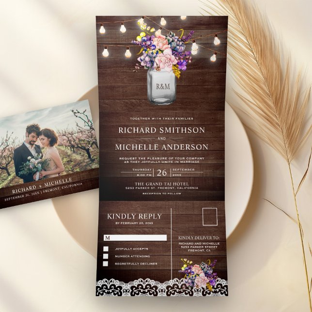 Lilac Pink Roses Mason Jar String Lights Wedding Tri-Fold Invitation (Creator Uploaded)