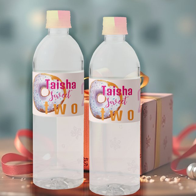 Lilac Pink Sprinkle Doughnut Watercolor Illustrati Water Bottle Label (Creator Uploaded)
