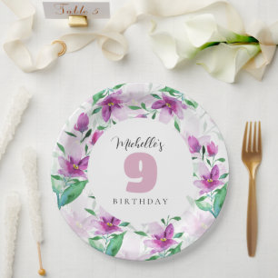 Lilac Pink Watercolor Floral Monogrammed Paper Plate