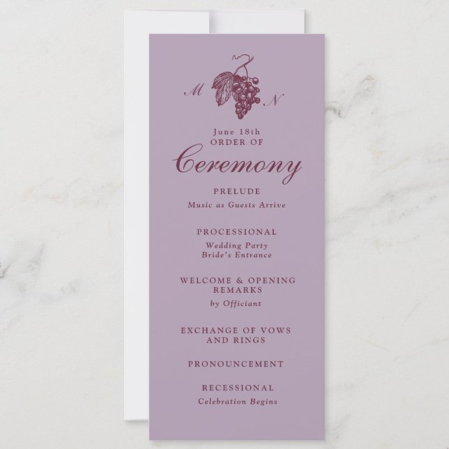 Lilac Plum Grape Monogram Wedding Program Invitation (Front)