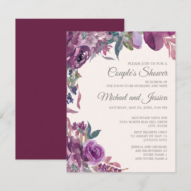 Lilac Plum Purple Floral Couple's Bridal Shower Invitation (Front/Back)