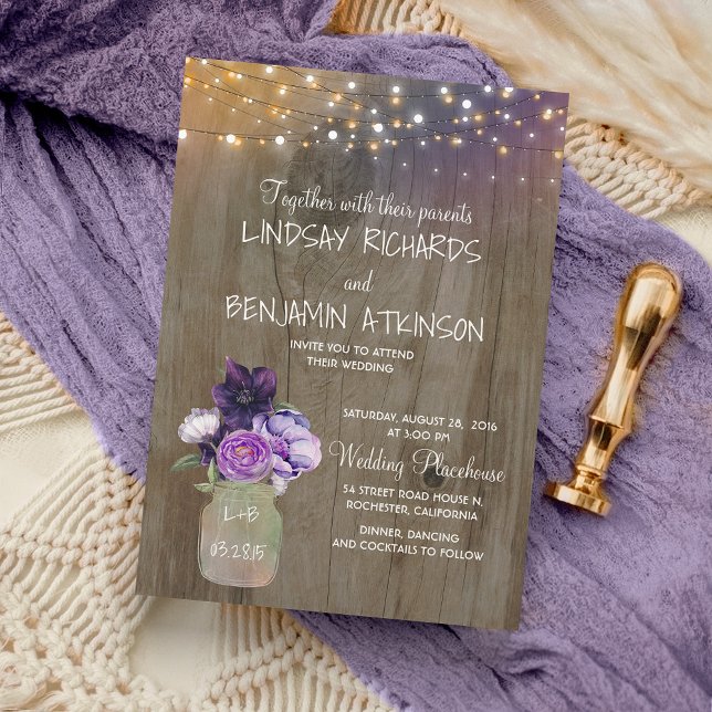 Lilac Plum Purple Floral Mason Jar Rustic Wedding Invitation (Creator Uploaded)
