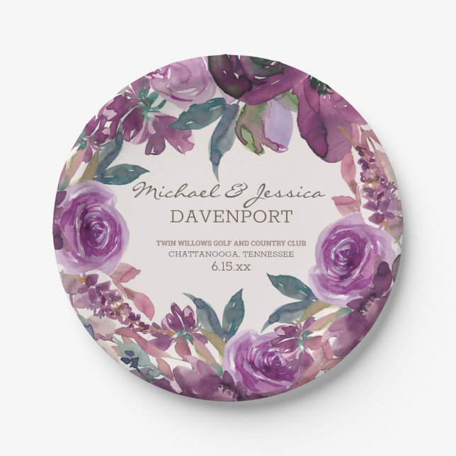 Lilac Plum Purple Watercolor Floral Wedding Paper Plate (Front)