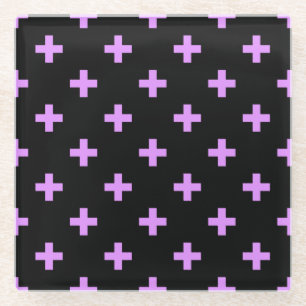 Lilac polka crosses on black glass coaster